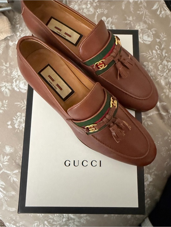 Gucci Shoes - Gucci Brown Leather Tassel Loafers with Green-Red Web & Gold Hardware